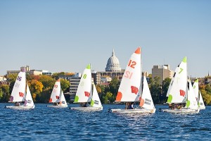 Members of the UW Sailing Team hold group races with their dinghy sailboats on Lake Mendota at the University of Wisconsin-Madison during a mild autumn day on Oct. 6, 2011. The co-ed and student-run UW Sailing Team is part of the Hoofer Sailing Club and competes nationally against several university sailing programs with varsity-level funding.  (Photo by Bryce Richter / UW-Madison)